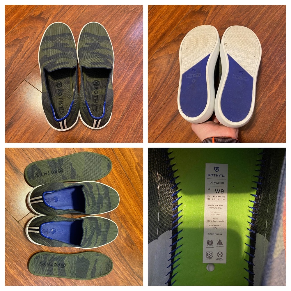 Sage green camo Rothys sneakers. Size 9. EXCELLENT condition. Only worn twice.
